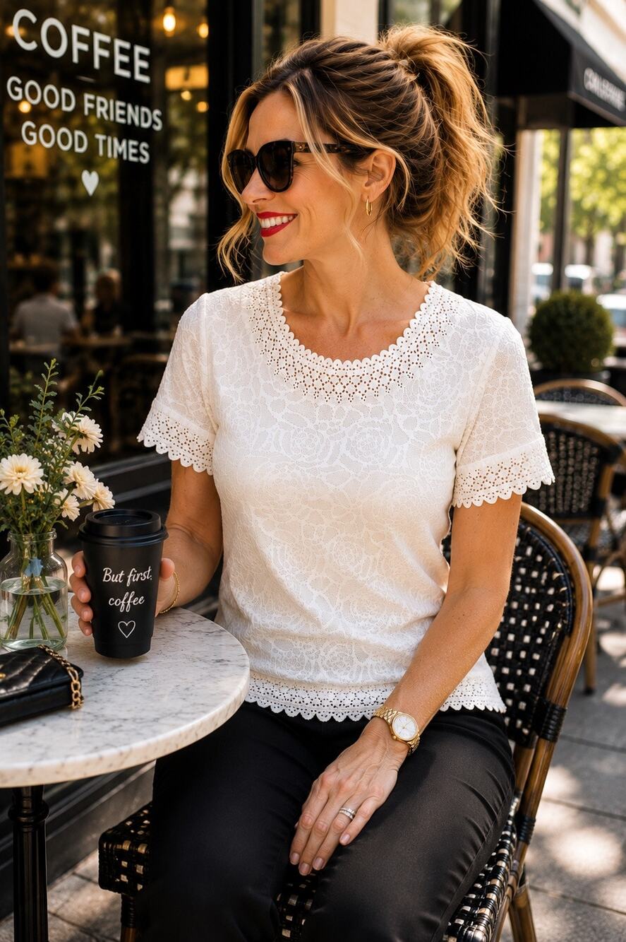 Once & Again White Textured Eyelet Trim Blouse | Floral Jacquard | Size Large